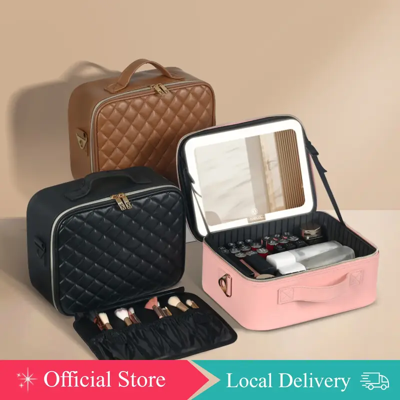 Travel Makeup Bag Cosmetic Bag Makeup Organizer Bag with Lighted Mirror 3 Color Scenarios Adjustable Brightness