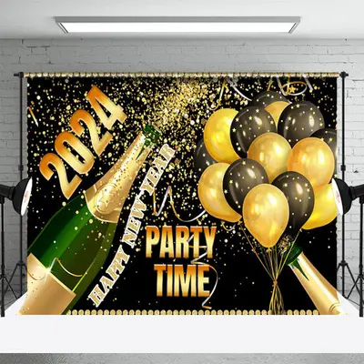 2024 Party Time Champagne Balloons New Year Backdrop - Aperturee