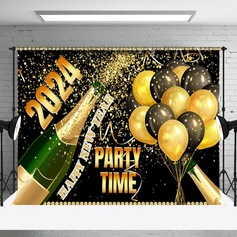 2024 Party Time Champagne Balloons New Year Backdrop - Aperturee