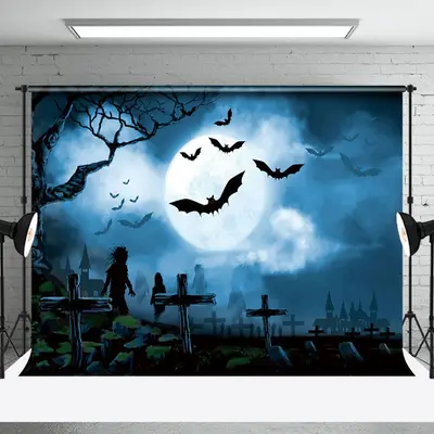Cross Ghost Moon Bat Foggy Halloween Backdrop - Aperturee
