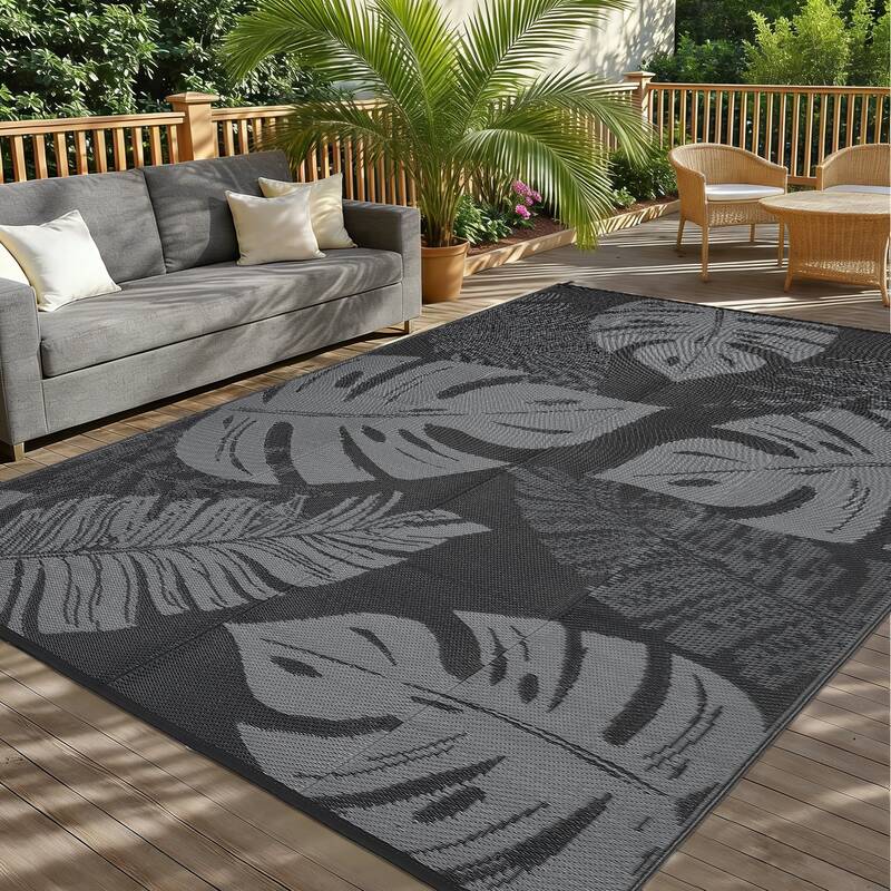 Garvee Reversible Outdoor Plastic Straw Rug – Waterproof, UV Resistant Patio Carpet – Easy to Clean Modern Black and Gray...