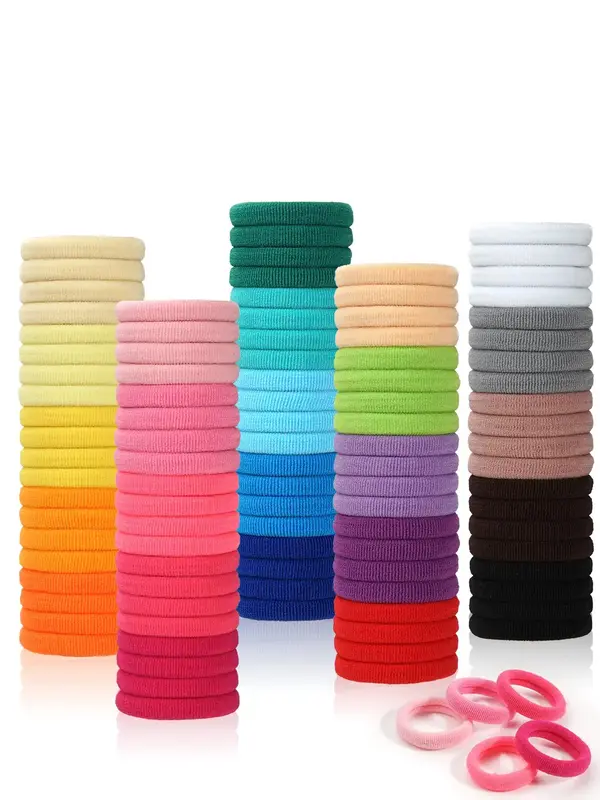 100pcs Mixed Color Kids Cute Simple Style Plain Color Hair Tie, Casual Trendy Elastic Hair Ties, Hair Accessories for Daily U...