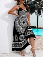 【Plus Size】 Summer Ethnic Pattern Backless V Neck Cami Dress, Casual Bohemian Fashion Summer Dresses Sleeveless A Line ...