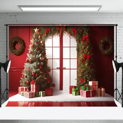 Aperturee Festive Pine Trees Wreath Red Door Xmas Backdrop - Aperturee