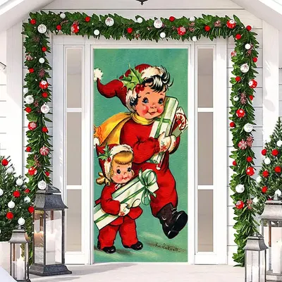 Green Cute Children Gift Merry Christmas Door Cover - Aperturee