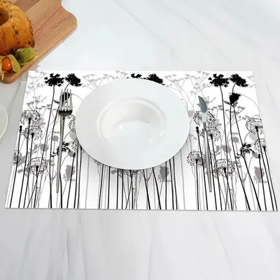 Black Grey Dandelion Floral Print Set Of 4 Placemats - Aperturee