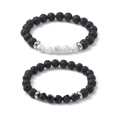 2Pcs 2 Style Natural Mixed Stone Beaded Stretch Bracelets