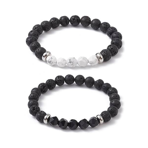 2Pcs 2 Style Natural Mixed Stone Beaded Stretch Bracelets