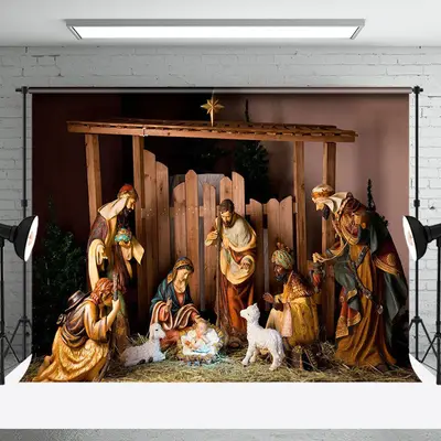 Jesus Nativity Lamb Straw Shed Christmas Backdrop