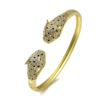 Brass Pave Clear & Green Cubic Zirconia Leopard Open Cuff Bangle for Women
