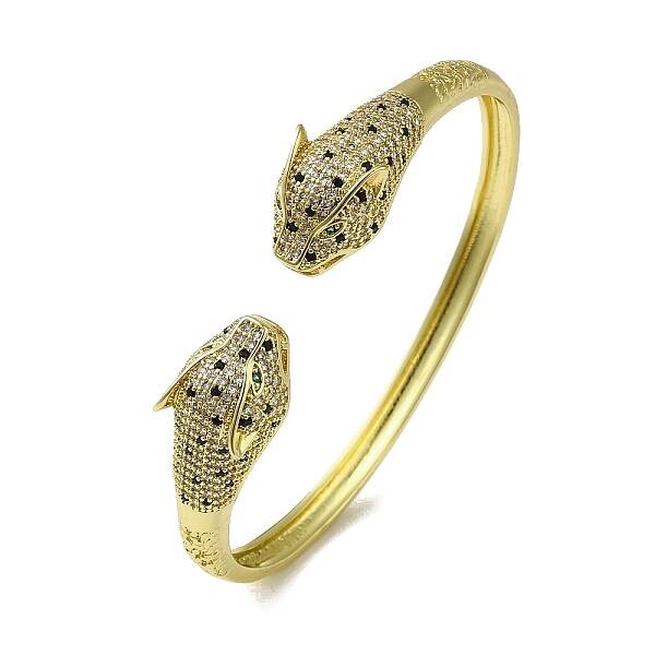 Brass Pave Clear & Green Cubic Zirconia Leopard Open Cuff Bangle for Women