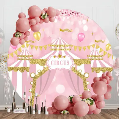 Pink Gold Circus Balloon Round Baby Shower Backdrop - Aperturee