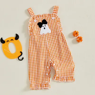 Newborn Baby Girl Halloween Clothes Pumpkin Plaid Overalls Sleeveless Jumpsuit Infant Bodysuit Outfits 0-18 Months