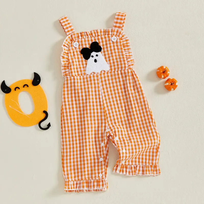 Newborn Baby Girl Halloween Clothes Pumpkin Plaid Overalls Sleeveless Jumpsuit Infant Bodysuit Outfits 0-18 Months