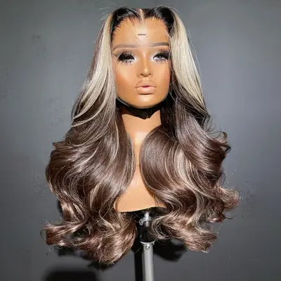 Chocolate Brown Blonde Highlight Color Salon Hairstyles Layered Cut Body Wave 13x4 Transparent Lace Front Wig Curtain Bangs H...