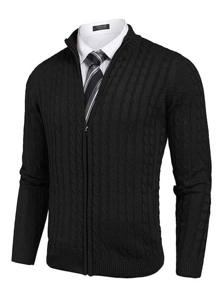 Cardigan Knitted Zip Up Sweater with Pockets (US Only), Black / L