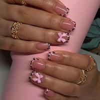 Leopard Print Fake Nails Kit, 24pcs Bow Decor Short Square False Nails for Women & Girls DIY Nail Art, Effortless Press on Na...