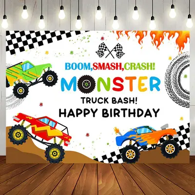 Monster Colorful Trucks Birthday Backdrop For Boys - Aperturee
