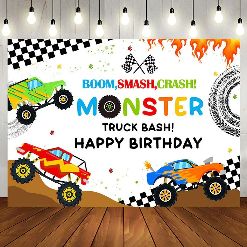 Monster Colorful Trucks Birthday Backdrop For Boys - Aperturee