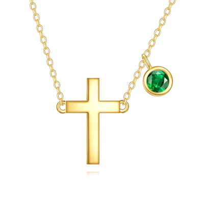 14K Gold Cubic Zirconia Personalized Birthstone & Cross Pendant Necklace
