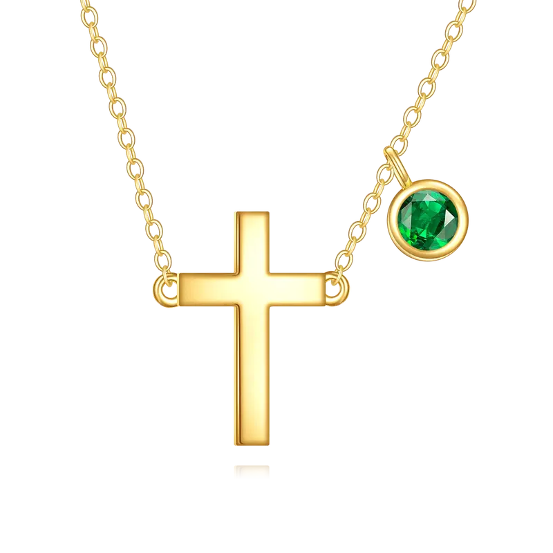 14K Gold Cubic Zirconia Personalized Birthstone & Cross Pendant Necklace