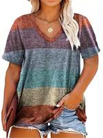 【Plus Size】 All Over Print V Neck Tee, Casual Short Sleeve T-shirt for Summer, Women's Plus Clothing for Daily Wear, Top