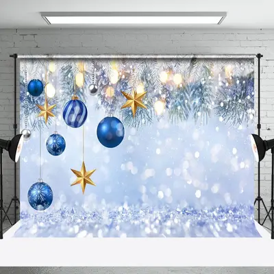 Aperturee Bokeh Snowflake Blue Christmas Balls Photo Backdrop - Aperturee