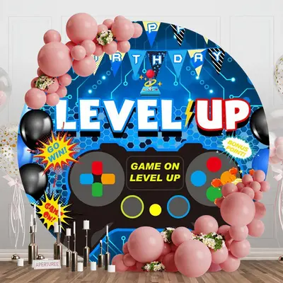 Level Up Gamepad Balloon Blue Round Birthday Backdrop - Aperturee