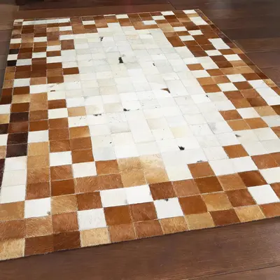 Brown & White Checkered Pattern Patchwork Calfskin Carpet