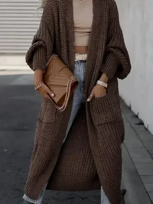Women's Solid Drop Shoulder Long Cardigan, Casual Pocket Long Sleeve Cardigan, Ladies Knitwear for Spring & Fall Daily Wear...