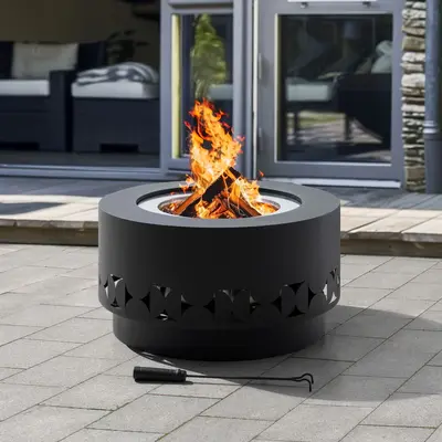 SUNJOY 28 Inch Round Stainless Steel Smokeless Fire Pit with PVC Cover and Poker - Black