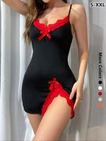 Women's Contrast Lace Bow Decor Cami Nightdress, Casual Soft Comfortable Spaghetti Strap Nightgown for All Seasons, Fashion L...