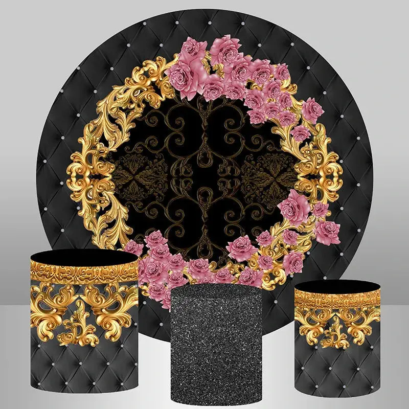 Aperturee Royal Black Gold Floral Round Backdrop Kit For Party | Custom Backdrop For Party | Party Decoration | Custom Curtai...