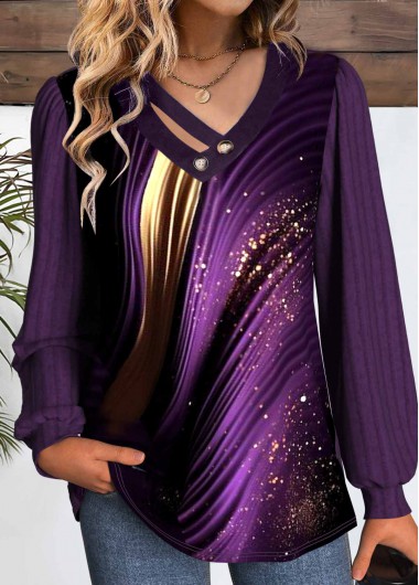 Modlily Purple Button Ombre Long Sleeve V Neck T Shirt - L