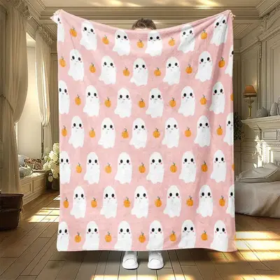 Cartoon Ghost & Pumpkin Pattern Blanket, 1 Count Soft Warm Throw Blanket, Air-conditioned Room Blanket, Warm Nap Blanket, Bed...