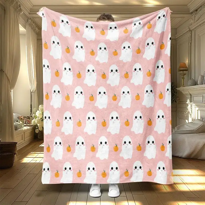 Cartoon Ghost & Pumpkin Pattern Blanket, 1 Count Soft Warm Throw Blanket, Air-conditioned Room Blanket, Warm Nap Blanket, Bed...