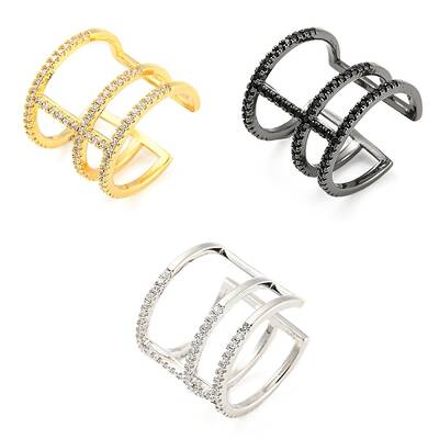 Brass Triple Lines Open Cuff Ring with Cubic Zirconia
