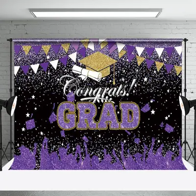 Purple Gold White Glitter Congrats Grad Backdrop - Aperturee