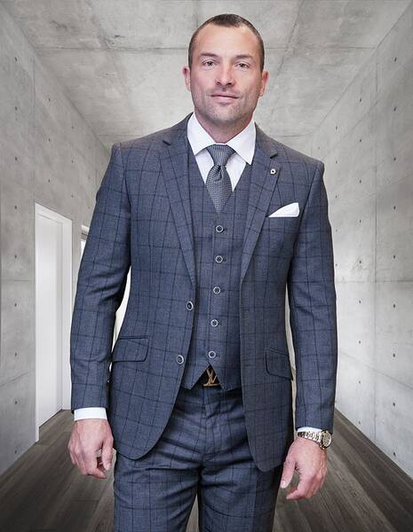 Modern Men's Windowpane Wool Suit  3 Piece 100% Wool Fashionable Fit