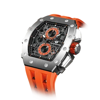 TSAR BOMBA Men's Affordable Luxury Quartz Watch | Silver Orange | Tonneau Case | Seiko Quartz Movement | 5ATM Waterproof Sili...