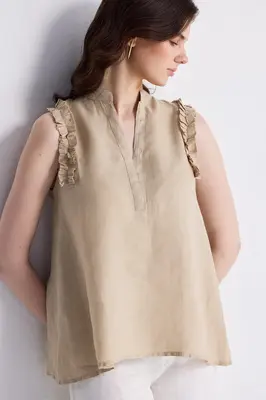 Sleeveless Hemp Top with Ruffles in Neutral Beige | Color: Neutral Beige | Size: L