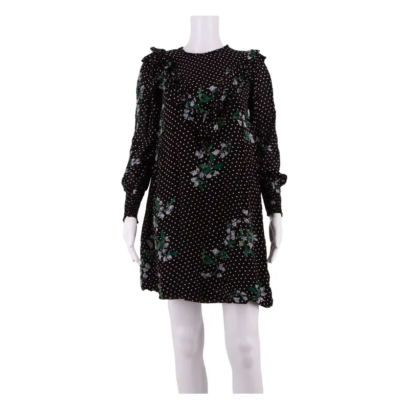 GANNI Womens Day Dress Black Viscose Spotted Long Sleeve Knee Length S