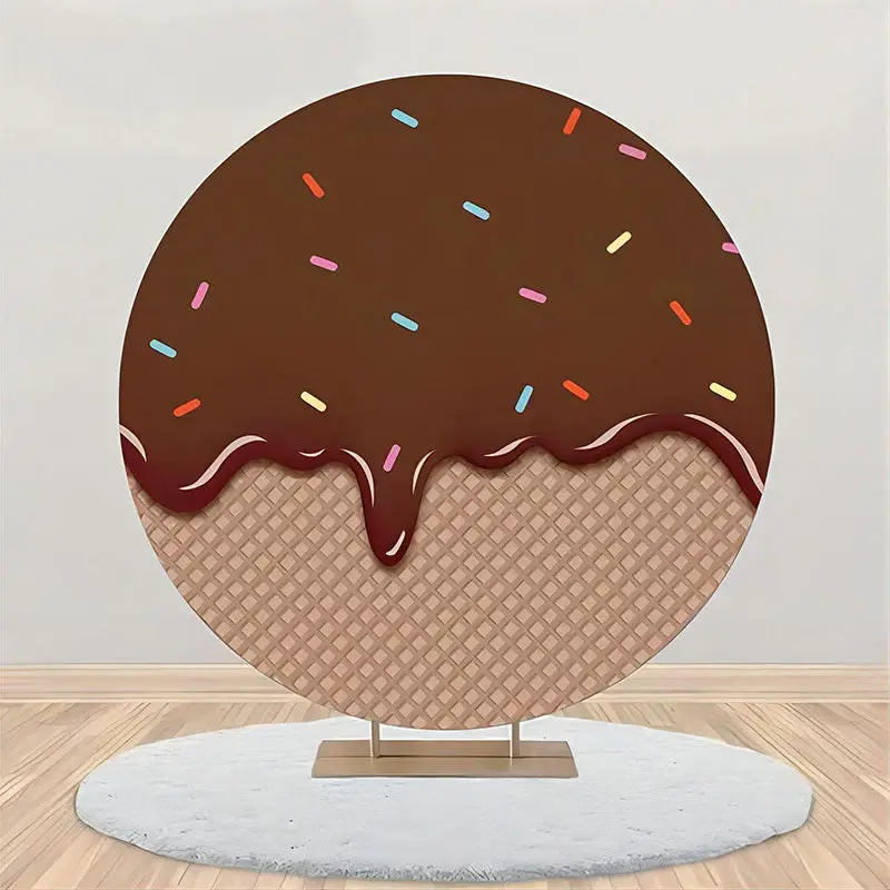 Brown Ice Cream Plaid Candy Birthday Round Backdrop - Aperturee