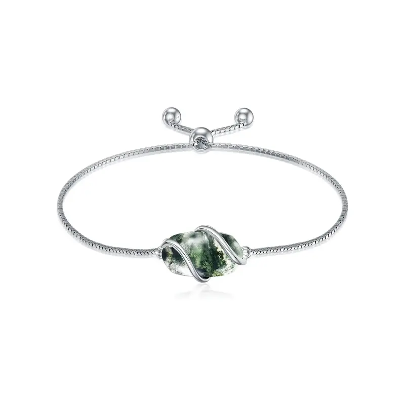 Sterling Silver Oval Shaped Moss Agate Charm Bracelet