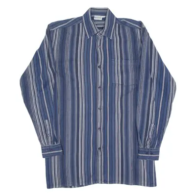 BREMO Mens Flannel Shirt Blue Striped Long Sleeve S