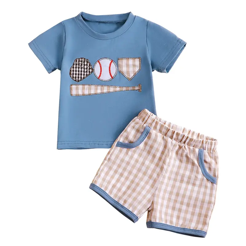Toddler Baby Boy Shorts Set Baseball Embroidery Patch Short Sleeve T-Shirt Tops Elastic Waist Plaid Gingham Shorts with Pocke...