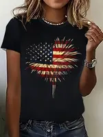 Women's Patriotic American Flag Print T-Shirt - Casual Crew Neck Short Sleeve, Machine Washable, Dark Color with Vibrant Star...