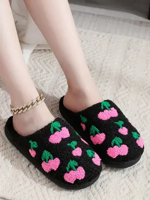 Women's Cherry Print Plush Slippers, Fluffy Soft and Comfy Bedroom Slippers for Fall & Winter, Female Indoor Round Toe Bedroo...