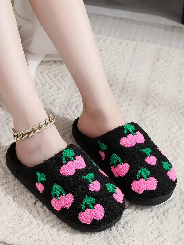Women's Cherry Print Plush Slippers, Fluffy Soft and Comfy Bedroom Slippers for Fall & Winter, Female Indoor Round Toe Bedroo...