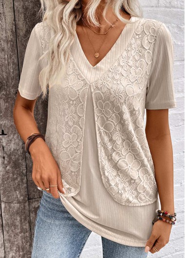 Modlily Light Camel Layered Short Sleeve Fake Two Piece Twinset - XXL